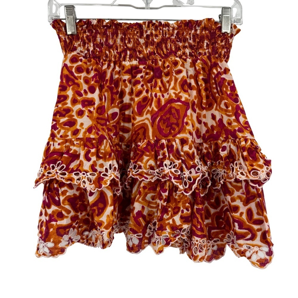 House of Harlow 1960 Boho Red & Orange Floral Embroidered Tiered Mini Skirt